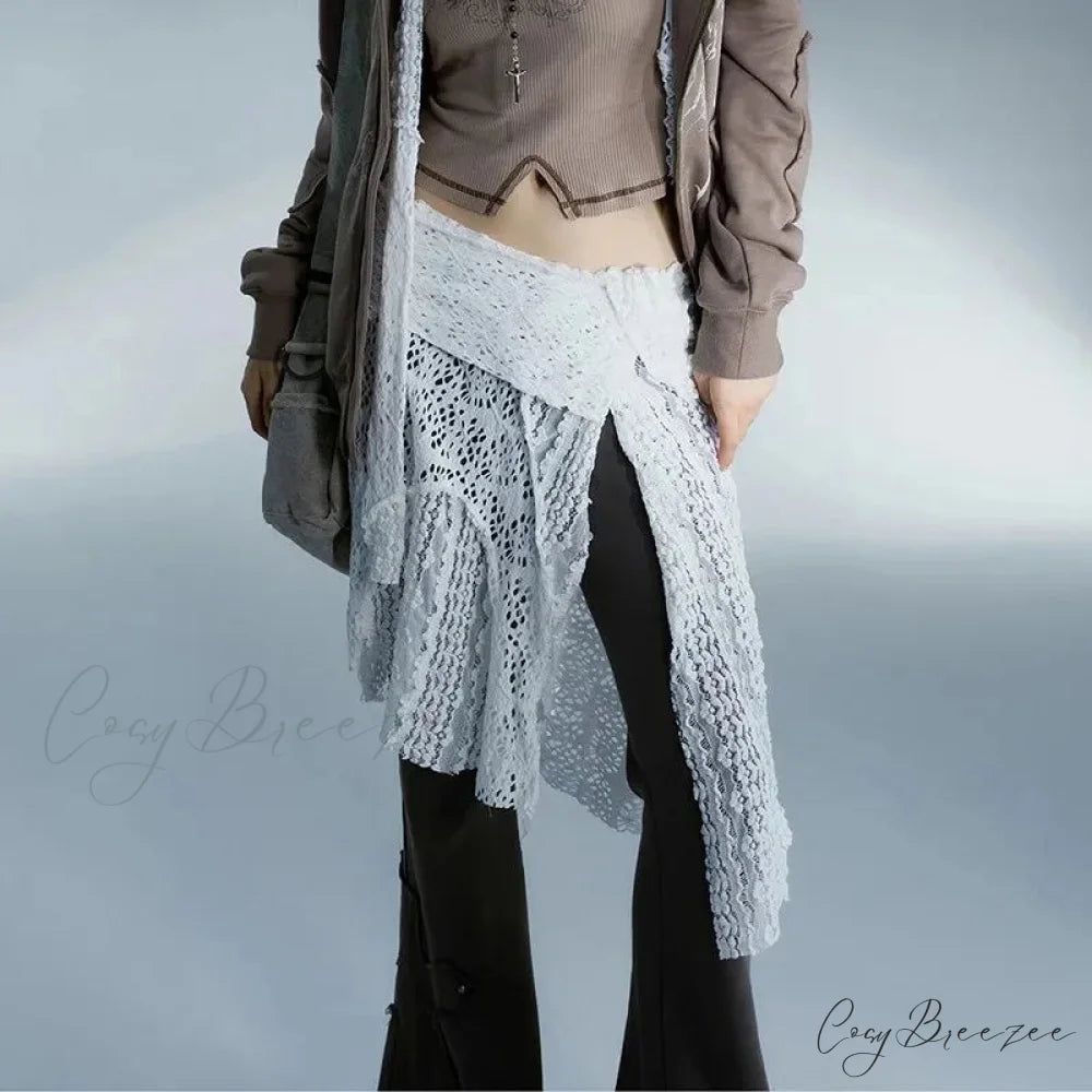 Grunge Lace Irregular Tulle Patchwork Streetwear Skirt White / One Size