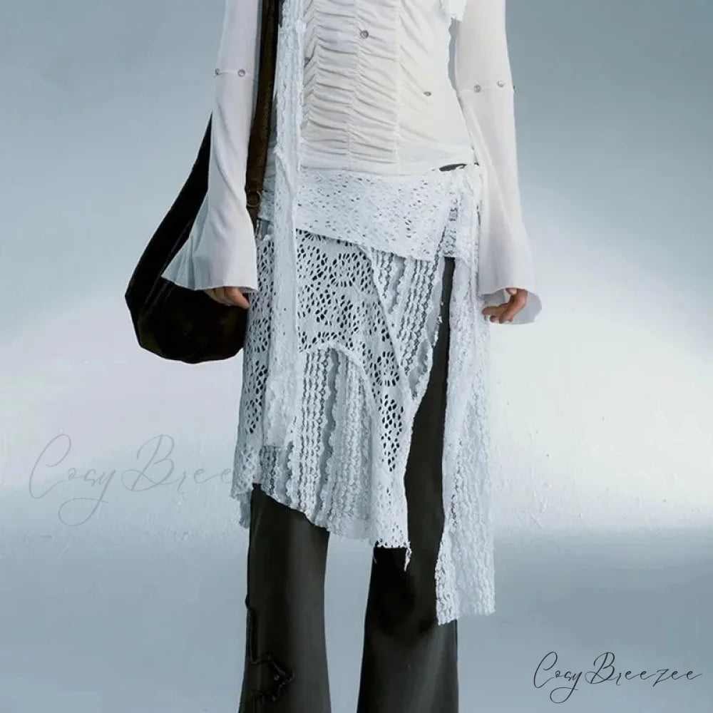 Grunge Lace Irregular Tulle Patchwork Streetwear Skirt White / One Size
