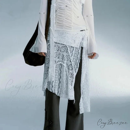 Grunge Lace Irregular Tulle Patchwork Streetwear Skirt White / One Size