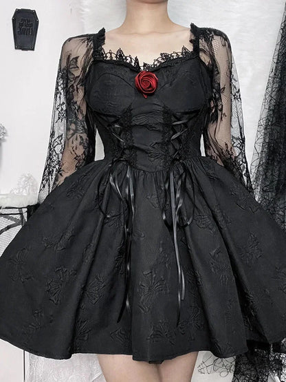 Grunge Party High Waist Gothic Dark Sexy A-Line Jacquard Lace Sleeve Lolita Vintage Harajuku Dress Black / S