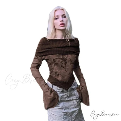 Grunge Sexy T-shirt Flare Sleeve Sweater swraters-241228
