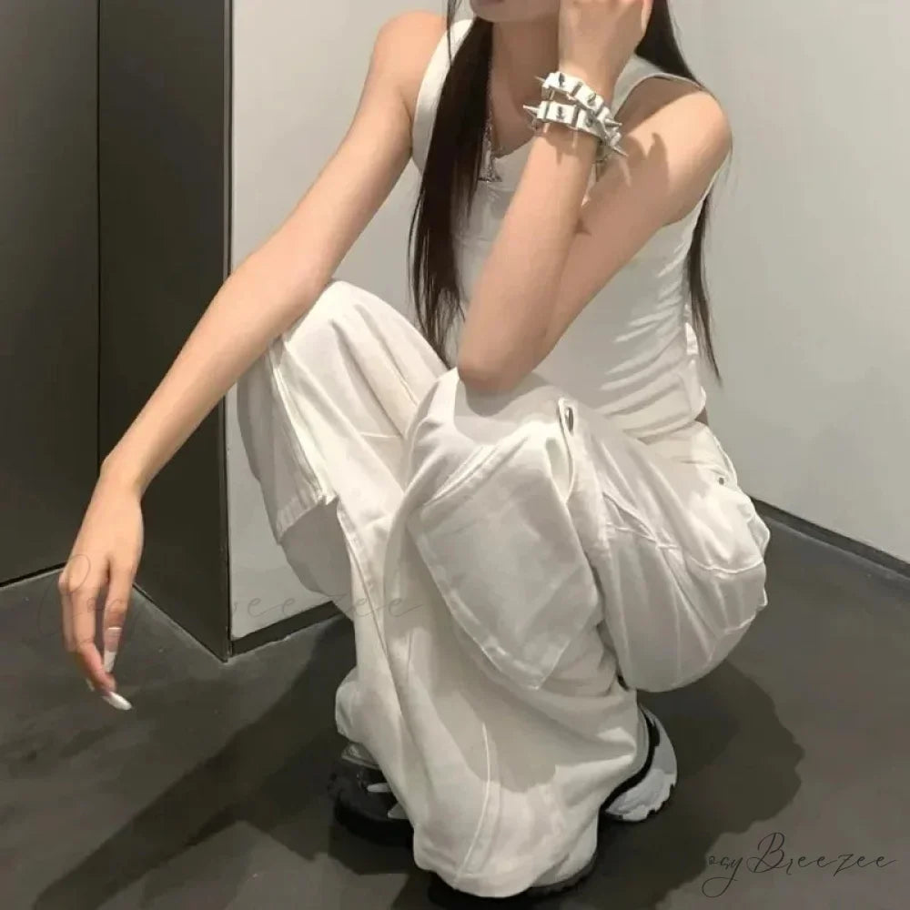 Gyaru White Cargo Jeans Wide Leg Pants pants-241228