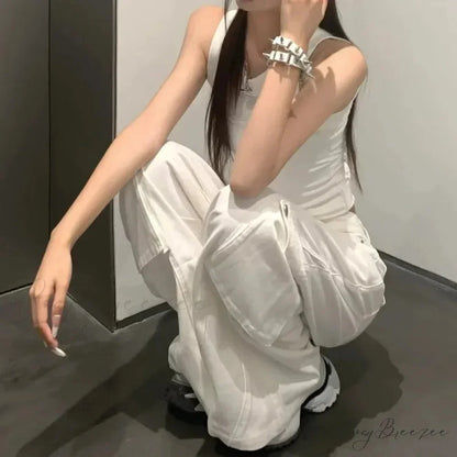 Gyaru White Cargo Jeans Wide Leg Pants pants-241228