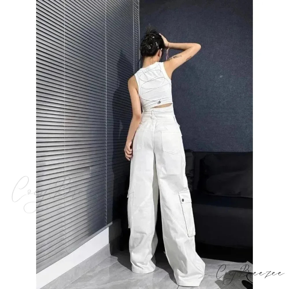 Gyaru White Cargo Jeans Wide Leg Pants pants-241228