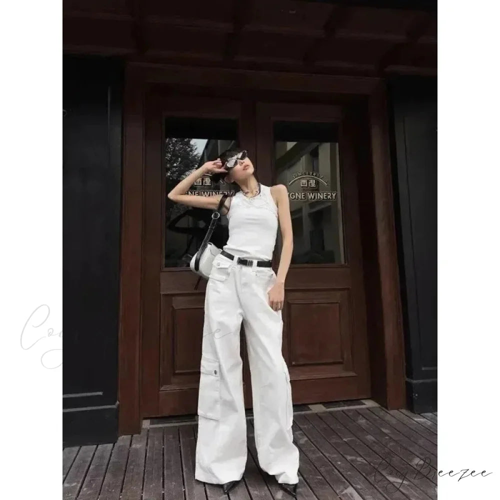 Gyaru White Cargo Jeans Wide Leg Pants pants-241228