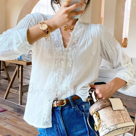 Gypsy Boho Floral Embroidered Lace Long Sleeve Blouse bohoblouse-250126