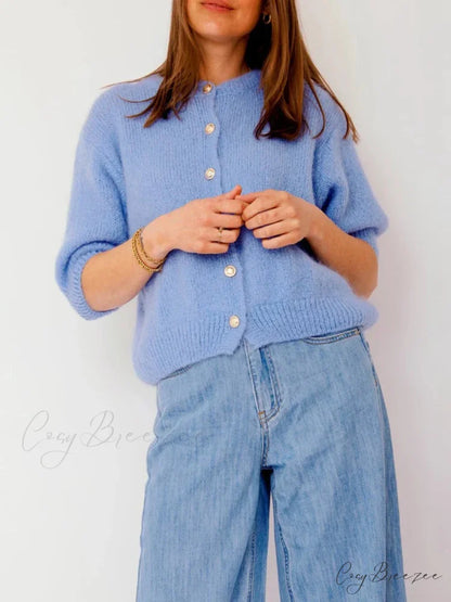 Half Sleeve O Neck Button-Up Knit Cardigan blue / S cardigans-241228