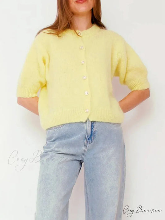 Half Sleeve O Neck Button-Up Knit Cardigan cardigans-241228