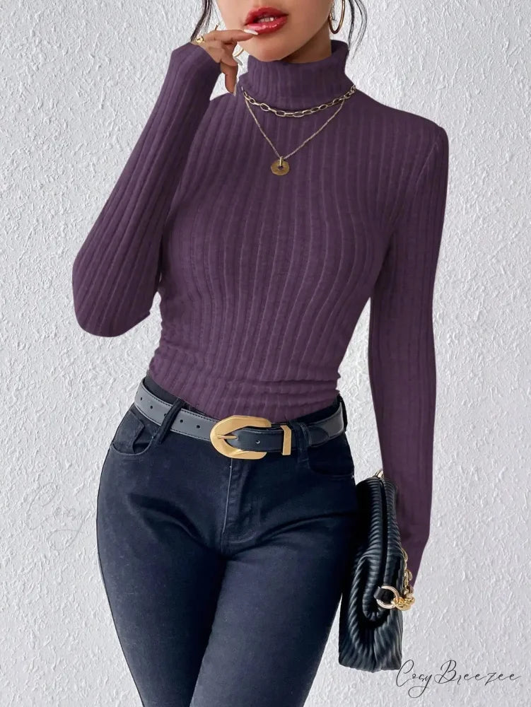 Half Turtleneck Sweater Slim Long Sleeve Knit Top Women knittop-250126