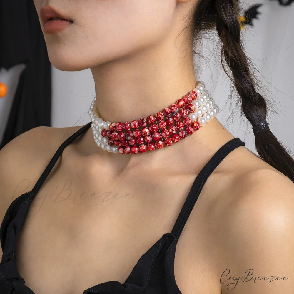 Halloween Beaded Creative Blood Drop Tassel High-end Red Personality Necklace