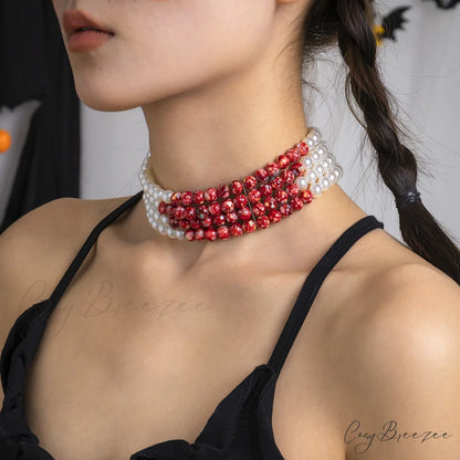 Halloween Beaded Creative Blood Drop Tassel High-end Red Personality Necklace