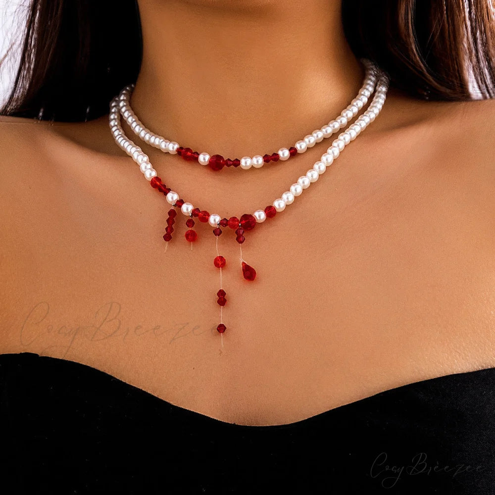 Halloween Beaded Creative Blood Drop Tassel High-end Red Personality Necklace RED