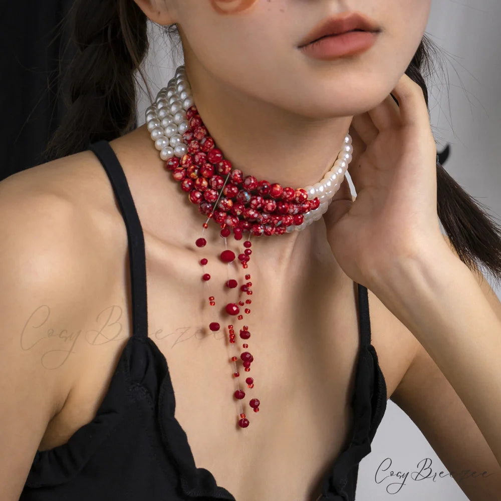 Halloween Beaded Creative Blood Drop Tassel High-end Red Personality Necklace WHITE