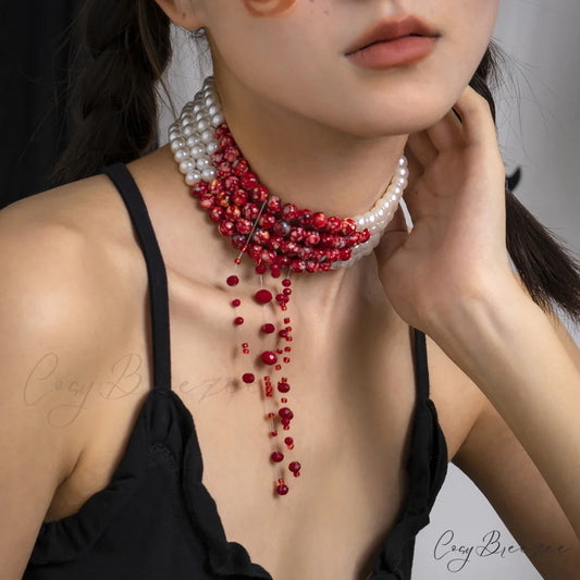 Halloween Beaded Creative Blood Drop Tassel High-end Red Personality Necklace WHITE