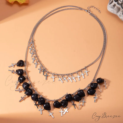 Halloween Cross Tassel Skull Fashion Punk Exaggerated Layered Necklace BLACK