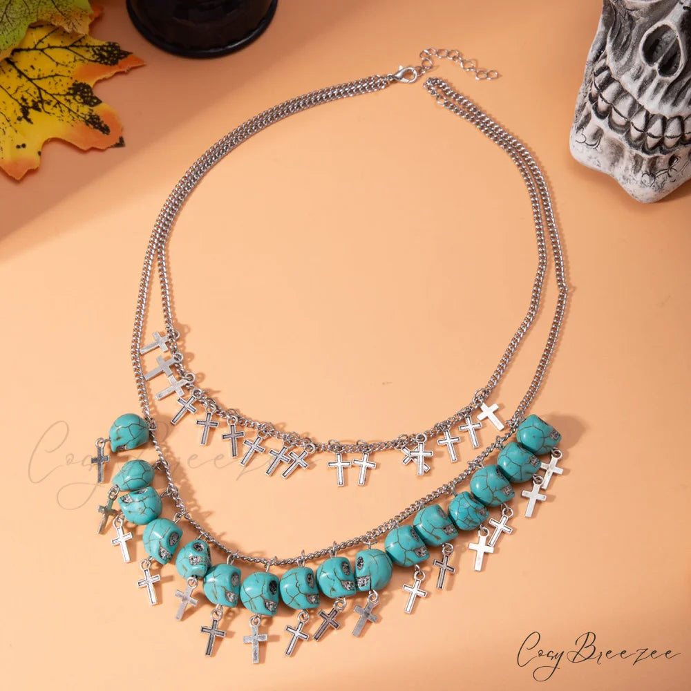 Halloween Cross Tassel Skull Fashion Punk Exaggerated Layered Necklace BLUE