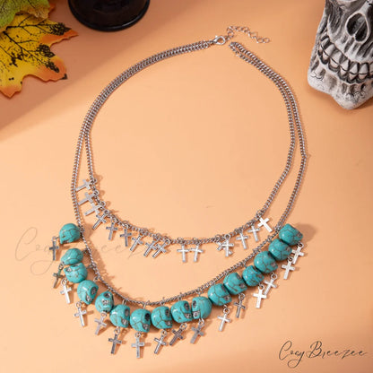 Halloween Cross Tassel Skull Fashion Punk Exaggerated Layered Necklace BLUE