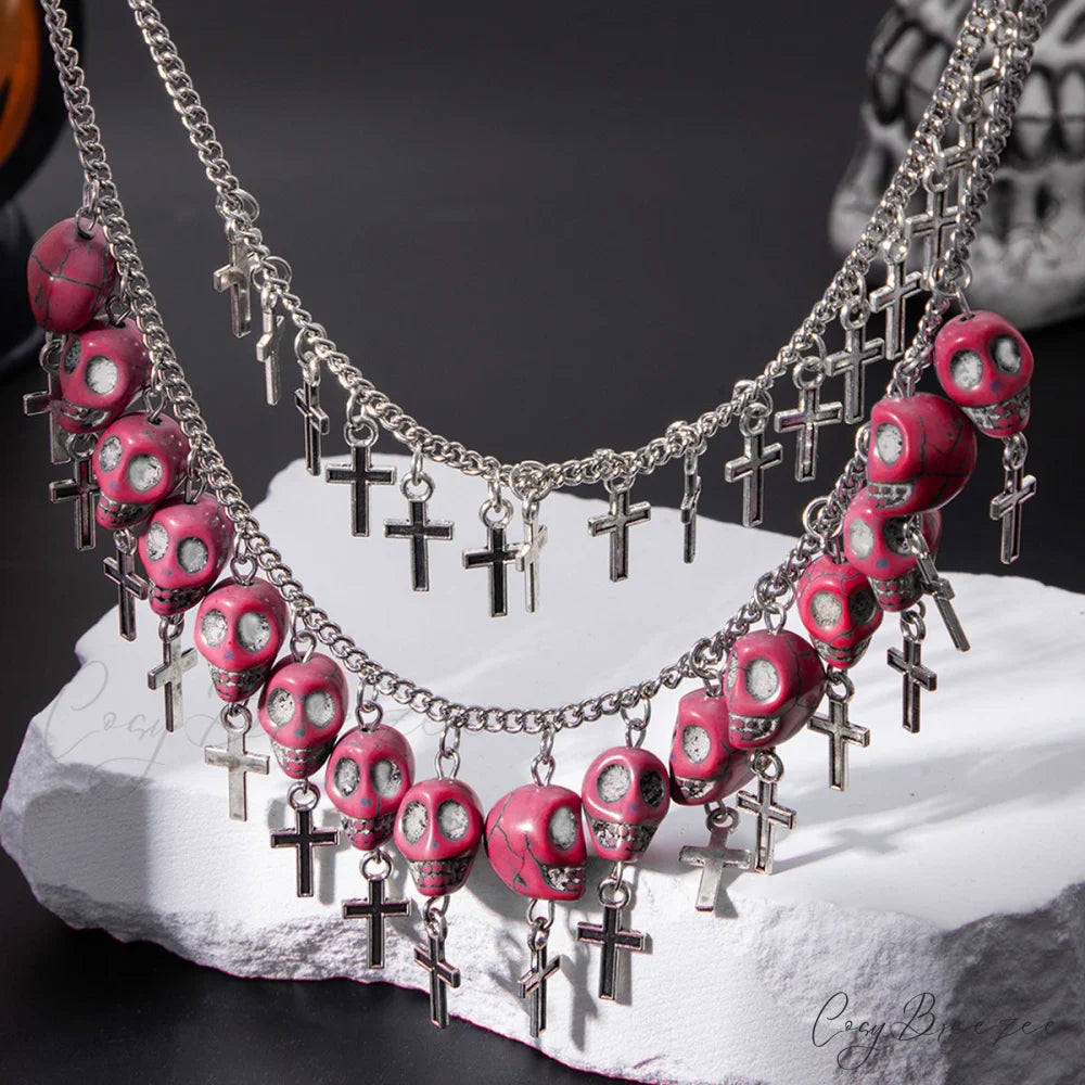 Halloween Cross Tassel Skull Fashion Punk Exaggerated Layered Necklace PINK