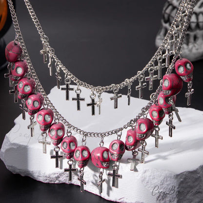 Halloween Cross Tassel Skull Fashion Punk Exaggerated Layered Necklace PINK
