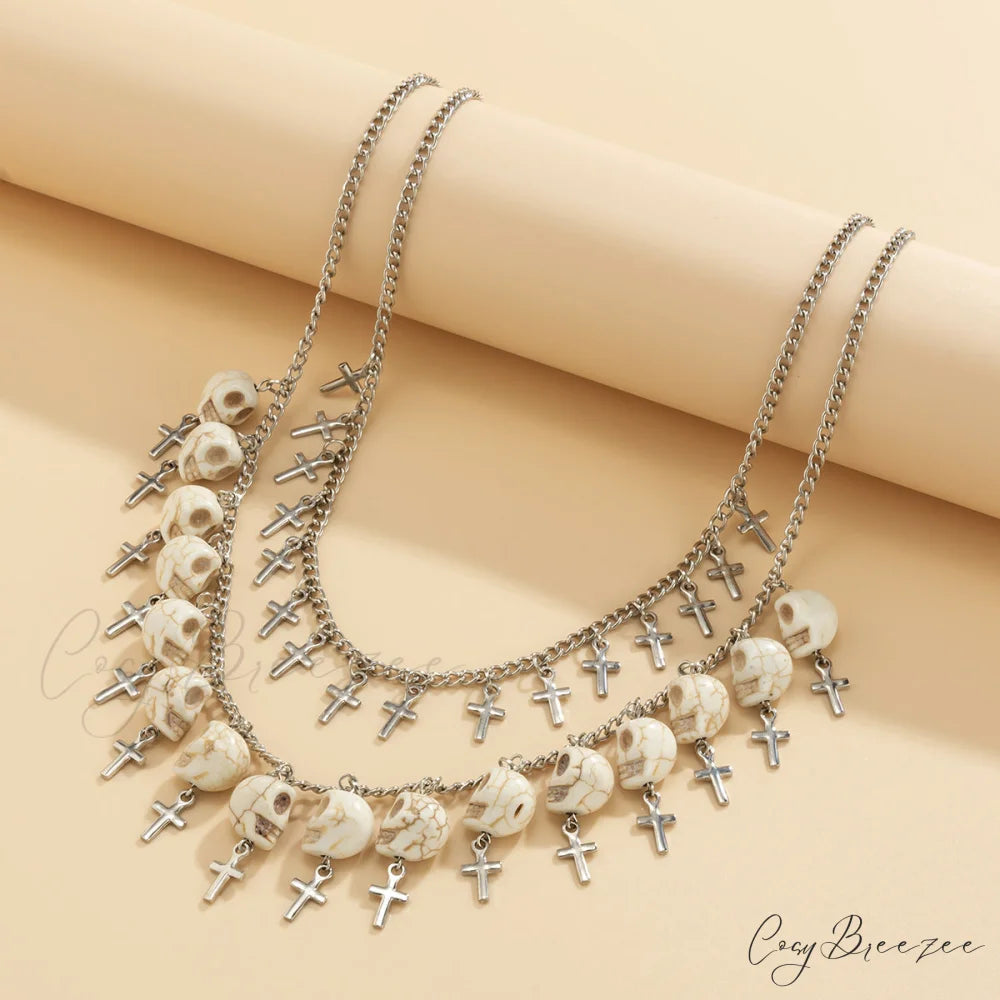 Halloween Cross Tassel Skull Fashion Punk Exaggerated Layered Necklace WHITE