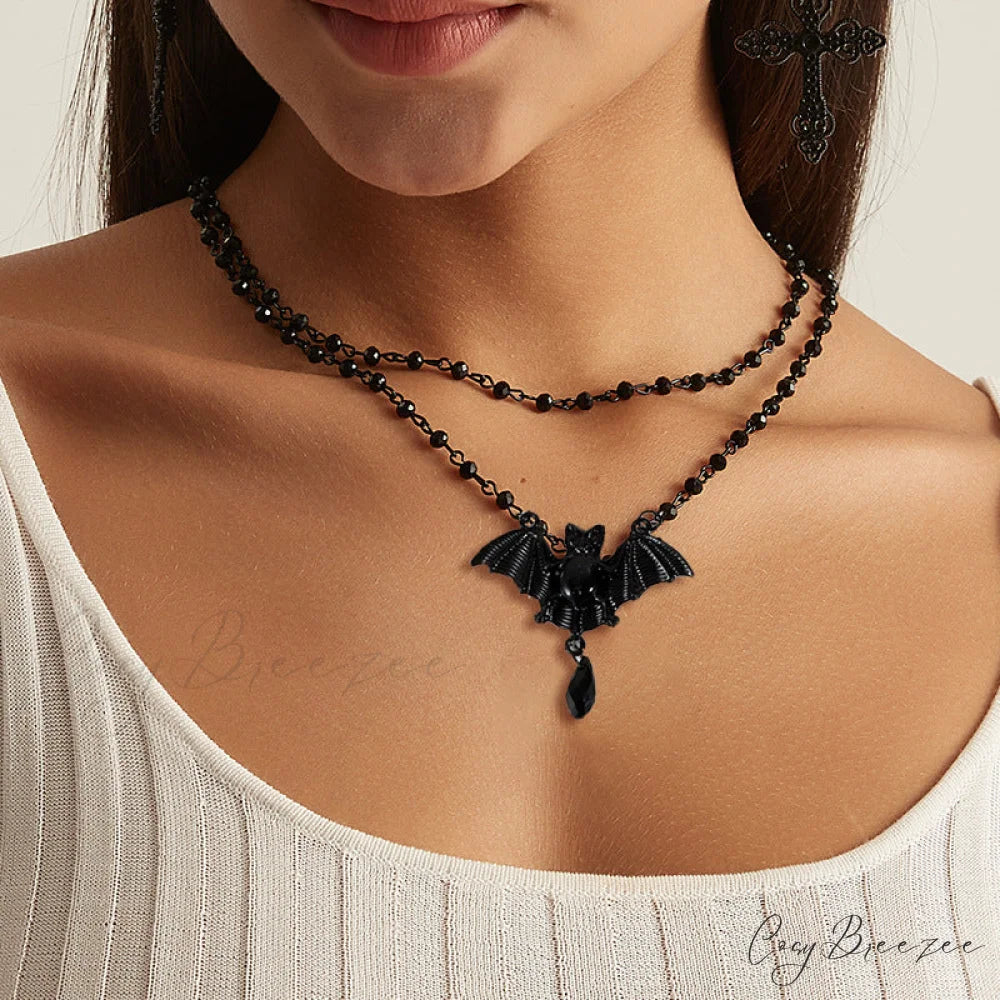 Halloween Gift Retro Black Bat Pendant Necklace BLACK
