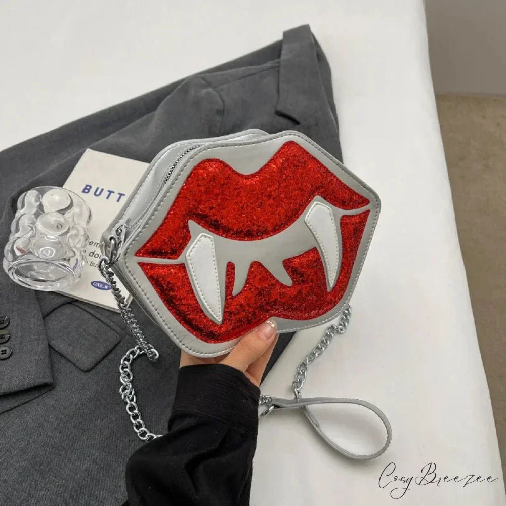 Halloween Sling Red Mouth Gothic Party Spooky Festa Bag Silver / (20cm