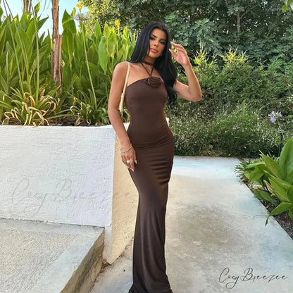 Halter Backless Floral Applique Fashion Gown Midi Dress