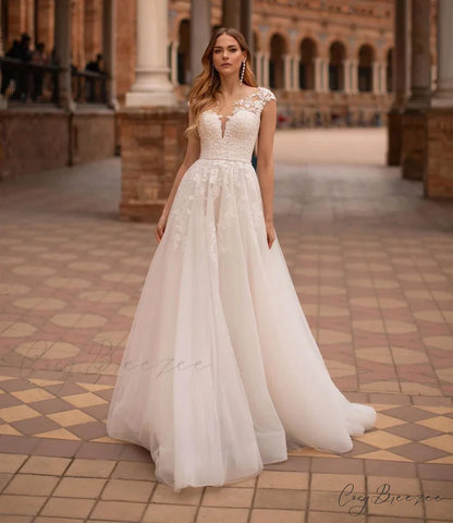 Halter Backless Sheer Tulle Wedding Dress lvory white / 2 weddingdress-250223