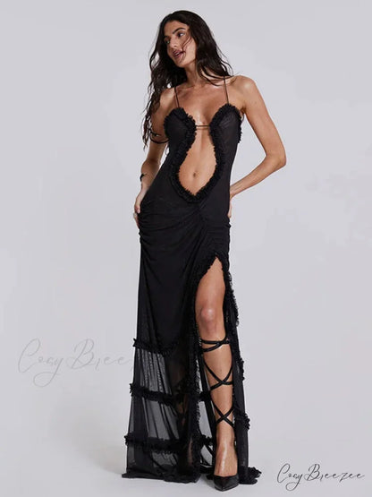 Halter Backless Split Maxi Dress Black / S
