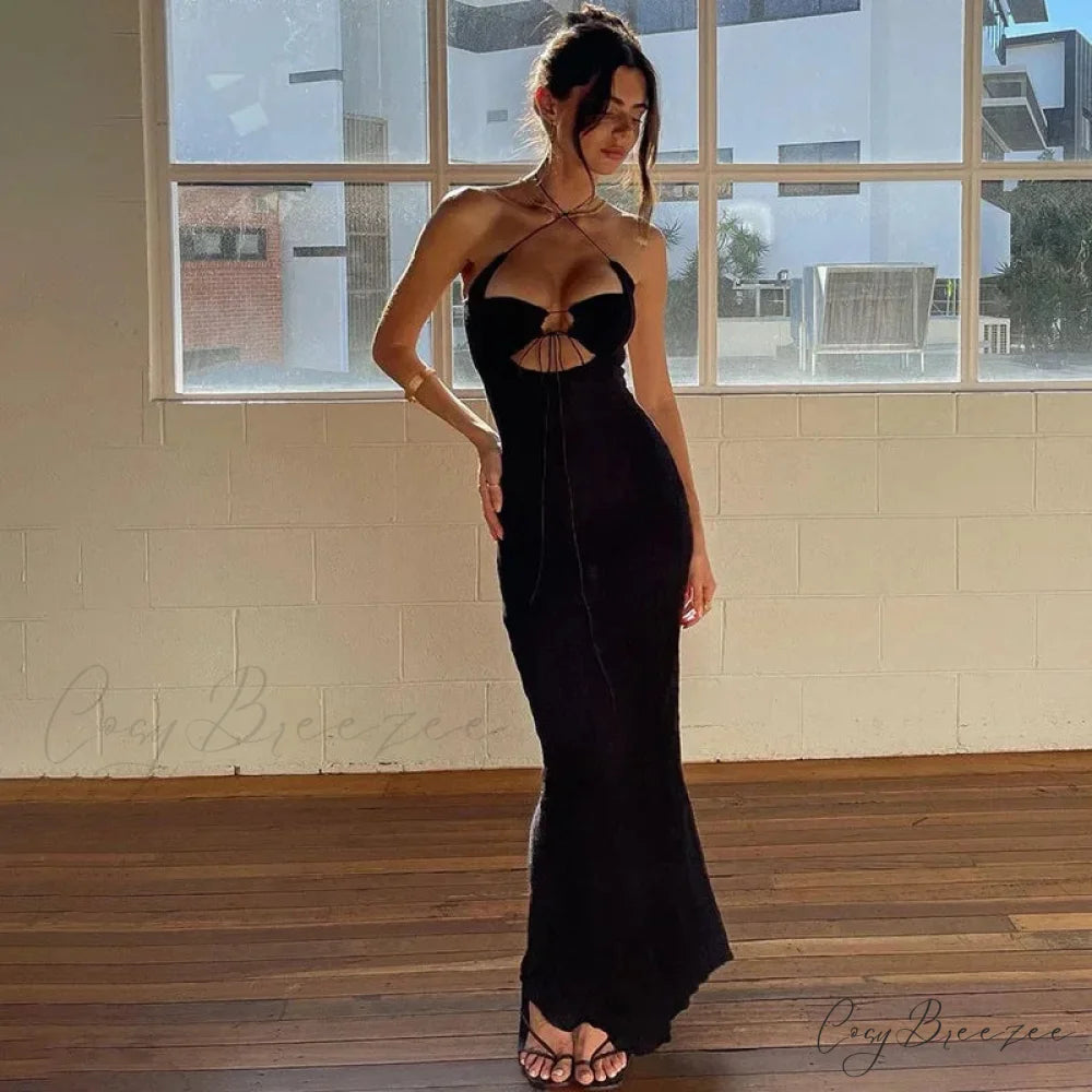 Halter Backless Tie Up Maxi Dress Black / S
