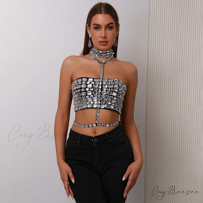 Halter Beaded Lace-Up Bandage Crop Prom Dress black / XS promdress-250223