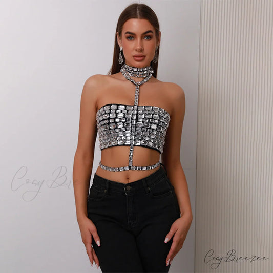 Halter Beaded Lace-Up Bandage Crop Prom Dress black / XS promdress-250223