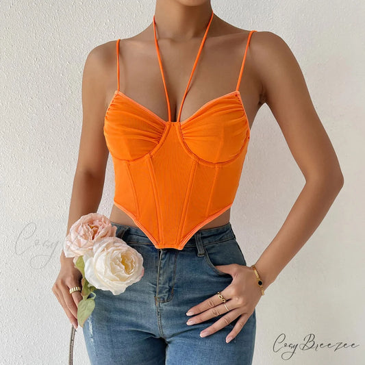 Halter Bustier Curved Sleeveless Mesh Classic Crop Corset Top - Black S / Burnt Orange