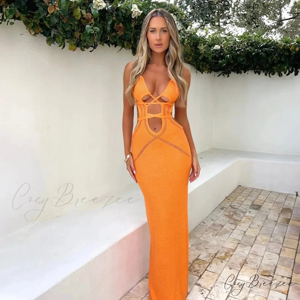 Halter Knitted Backless Maxi Dress Orange / S