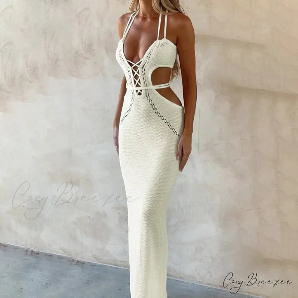 Halter Knitted Backless Maxi Dress White / S
