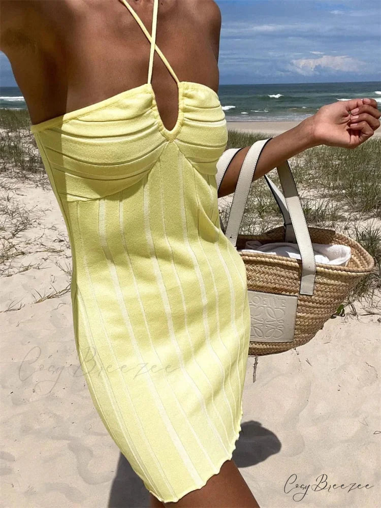 Halter Knitted Wrap Mini Dress Yellow / S minidress-250223