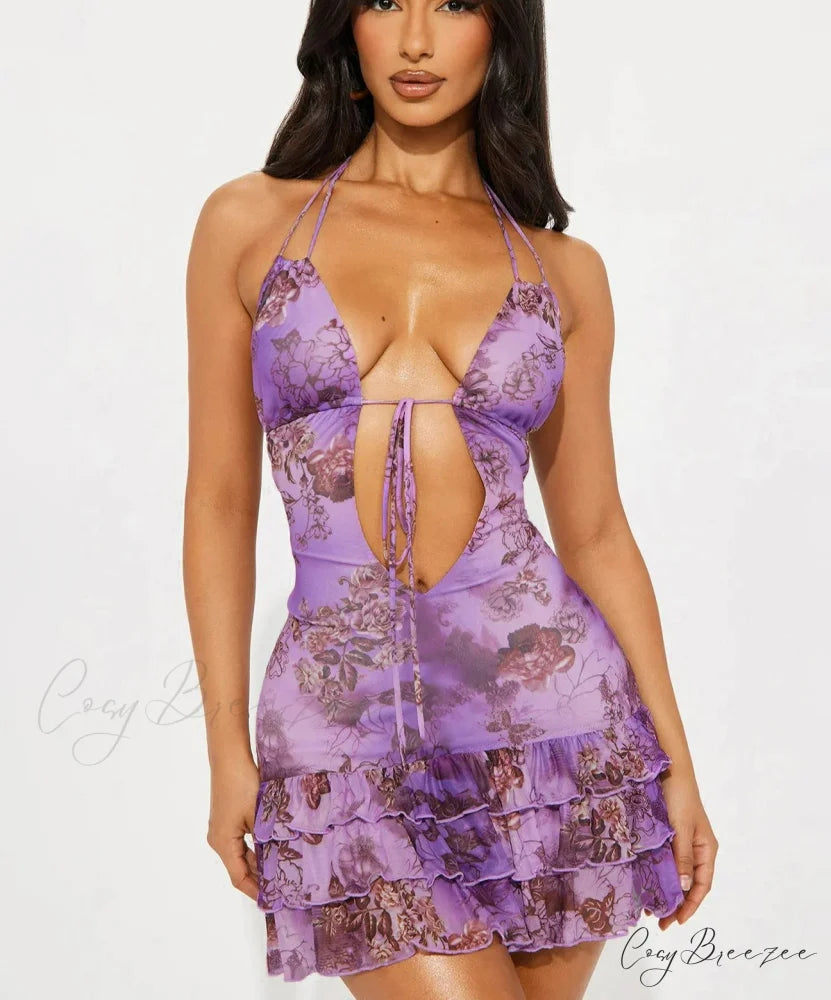 Halter Lace-Up Ruffled Mini Dress minidress-250223