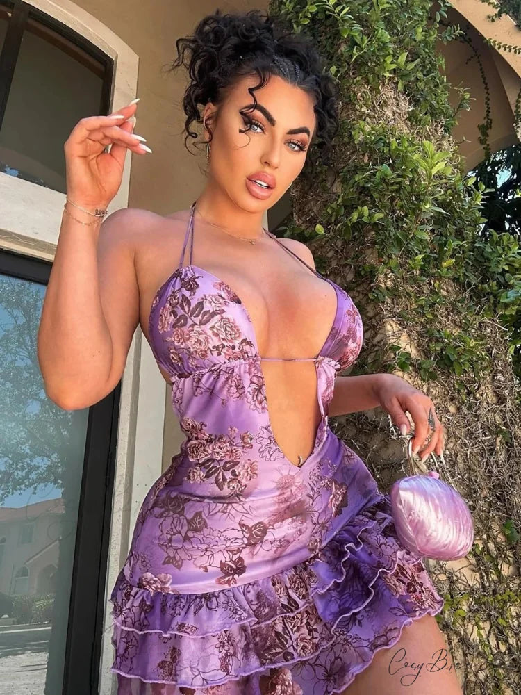 Halter Lace-Up Ruffled Mini Dress PURPLE / S minidress-250223