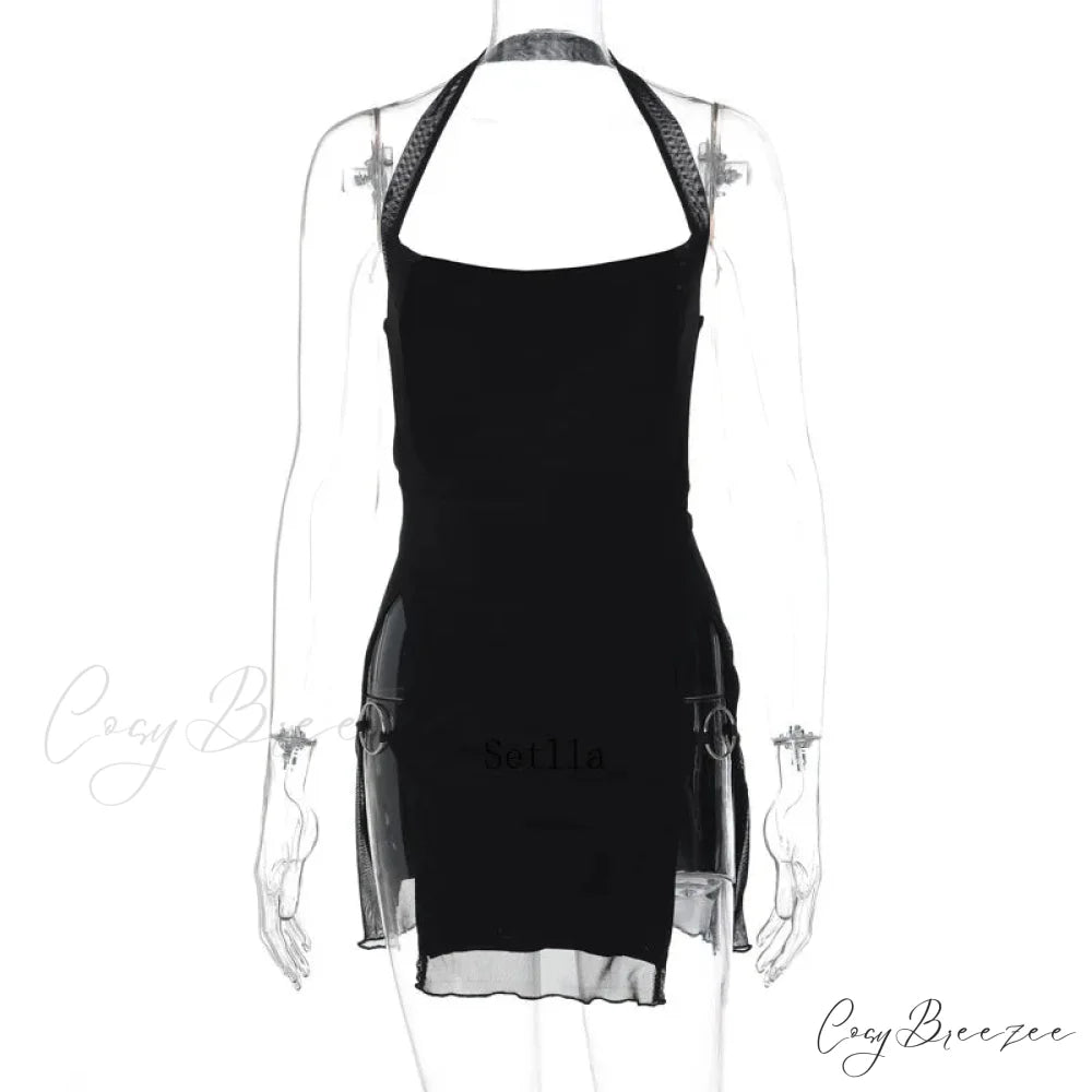 Halter Mesh Sheer Split Elegant See Through Bodycon Mini Dress