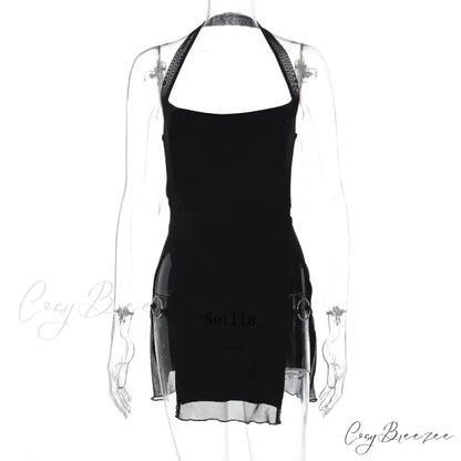 Halter Mesh Sheer Split Elegant See Through Bodycon Mini Dress