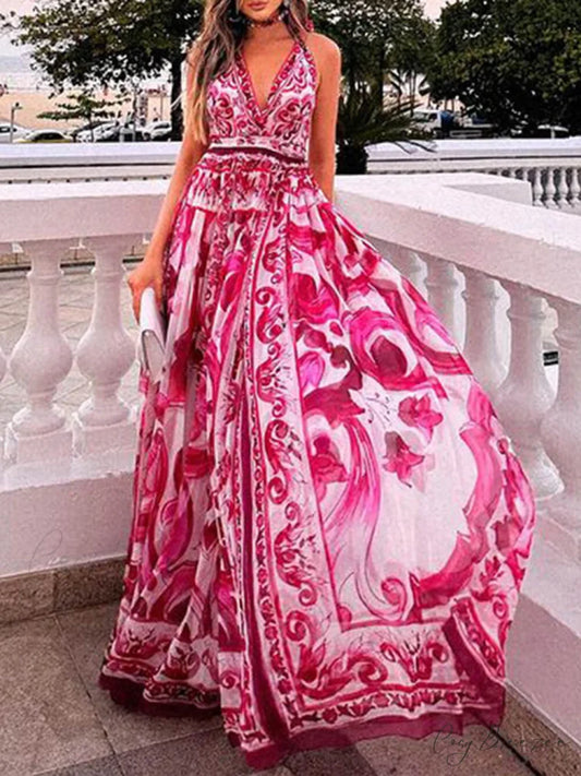 Halter Neck Backless Charming Printed Maxi Dress Rose Red / S