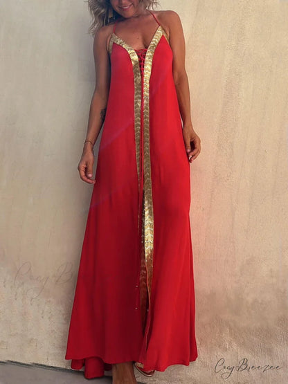 Halter Neck Casual Charming Resort Maxi Dress Red / S
