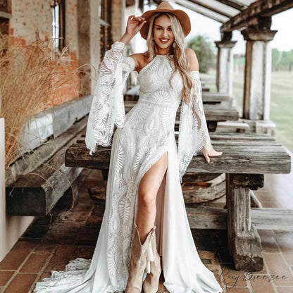 Halter Neck Long Train Evening Wedding Dress lvory white / 2 weddingdress-250223