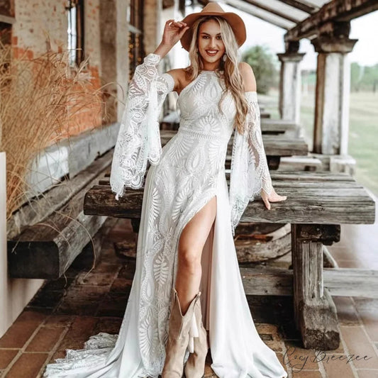 Halter Neck Long Train Evening Wedding Dress lvory white / 2 weddingdress-250223