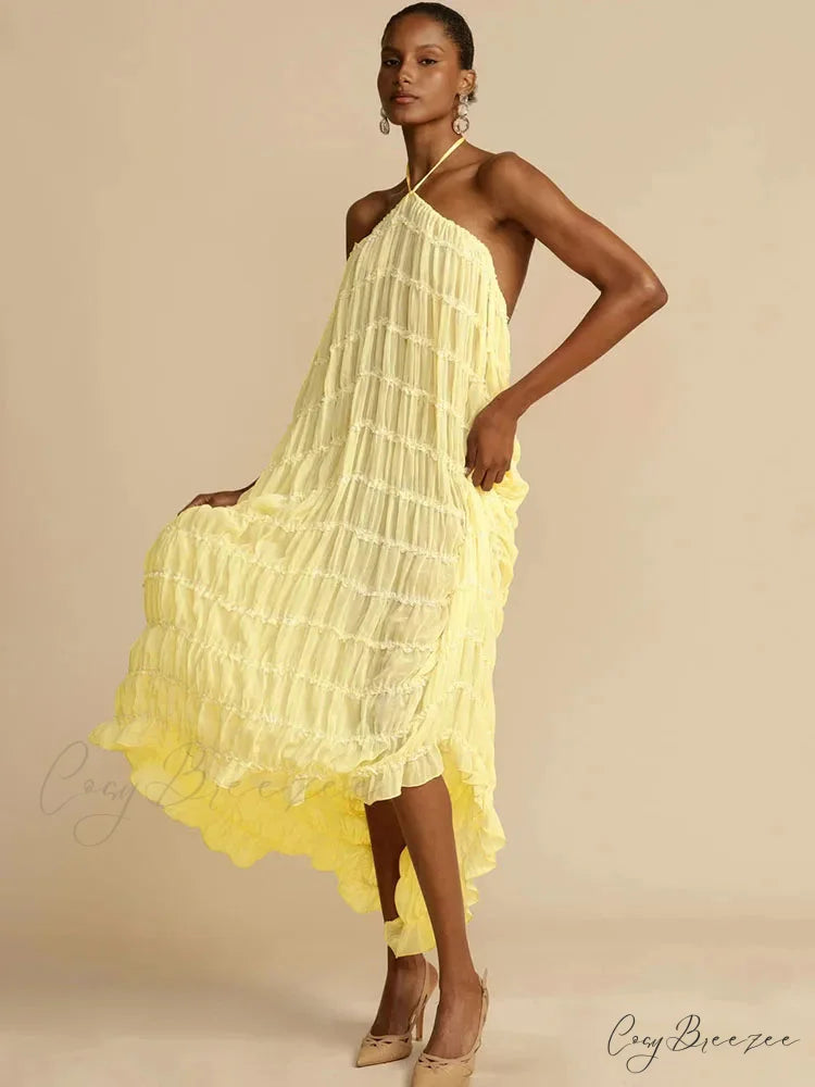 Halter Neck Stylish Ruched Midi Dress