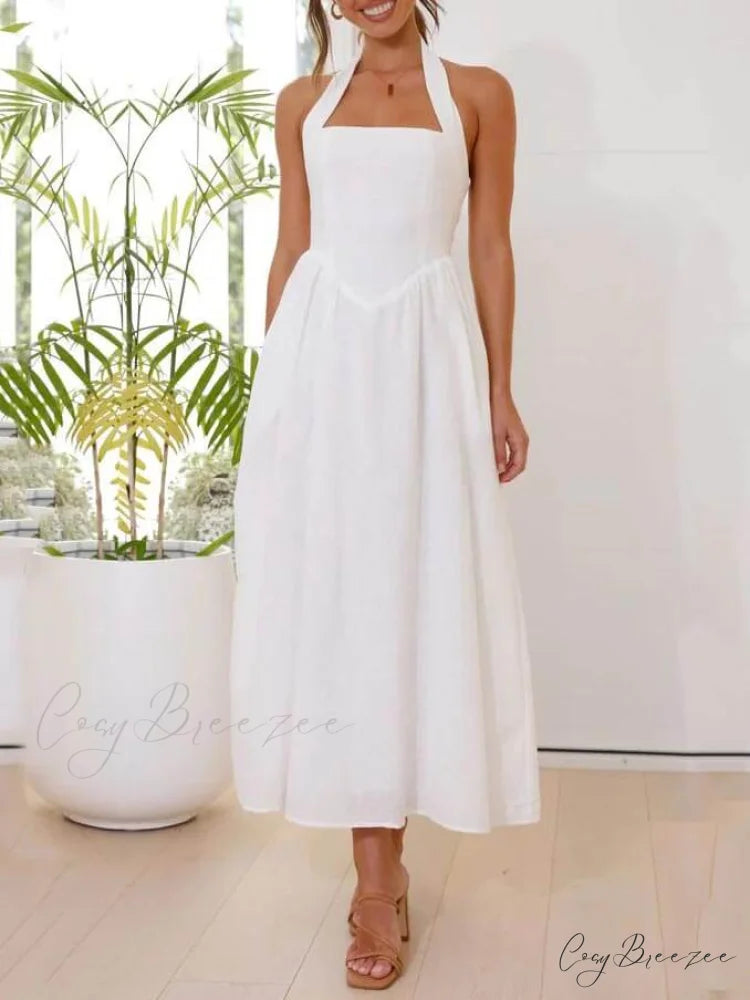 Halter Neck Waist Little Graceful Black Dress Mid Length Dress