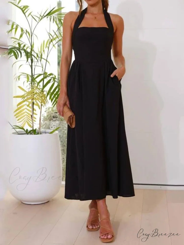 Halter Neck Waist Little Graceful Black Dress Mid Length Dress Black / S