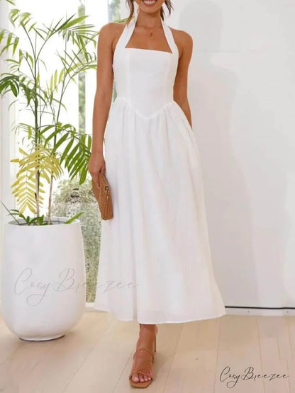 Halter Neck Waist Little Graceful Black Dress Mid Length Dress White / S