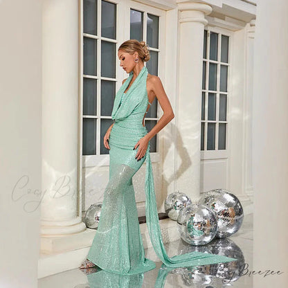 Halter Open-Back Sequin Mermaid Floor Length Prom Dress green / XS promdress-250223