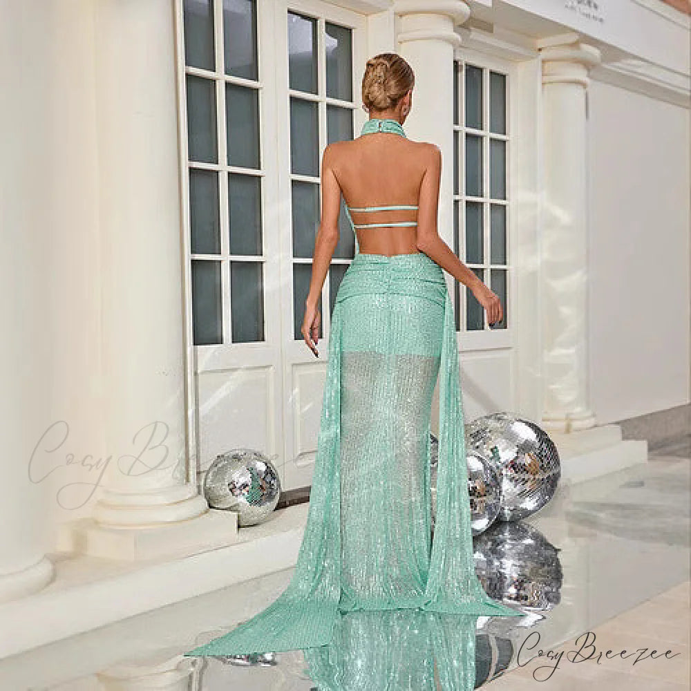 Halter Open-Back Sequin Mermaid Floor Length Prom Dress promdress-250223